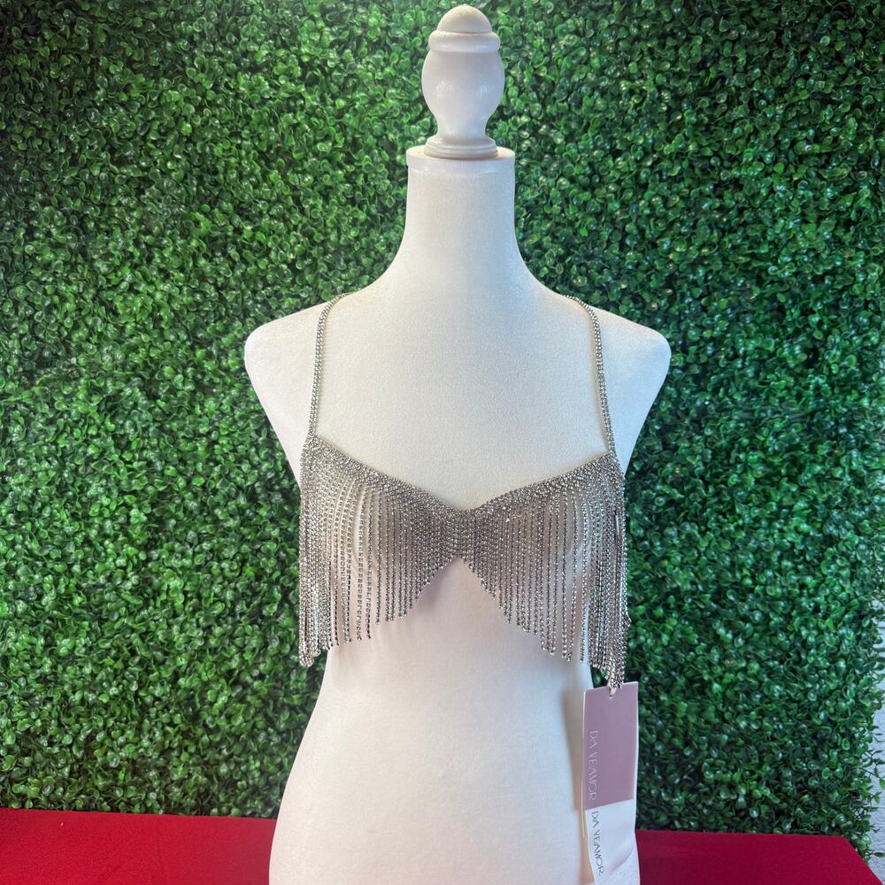 Da Veamor Rhinestone Tassel Bra Top Crystal Body Chain Sexy Mardi Gras Rave S